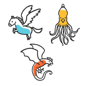 Set of cute little cartoon mythical beasts. Doodle pegasus, kraken and basilisk. Vector illustration isolated on white