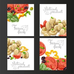 Four vertical banners with fresh fruits and vegetables on a black background