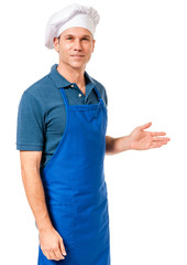 Cook chef gesturing showing explaining isolated on white background