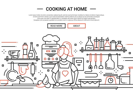 Girl cooking at home - line design website banner