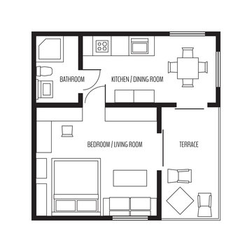 Vector flat projection apartment. Small house plan with furniture. Black and white illustration.