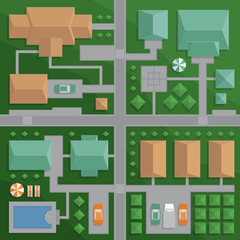 Top view map of the city with streets and houses. View from above. Colorful vector illustration, flat style.