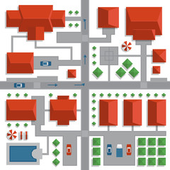 Top view map of the city with streets and houses. View from above. Vector illustration.