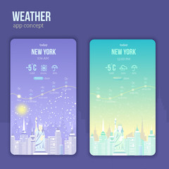 Naklejka premium Weather application on a mobile phone with city landscape. Day and night rain, snow sun atmosphere icons.