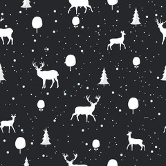 Seamless Christmas pattern with Deer silhouettes on a black background