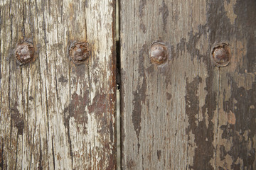 A whole page of old wood with peeling paint and bolts background texture 