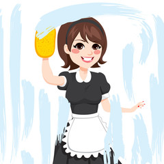 Beautiful brunette caucasian woman in maid dress working cleaning window with soap sponge