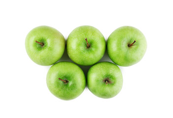 five green apples isolated on white background