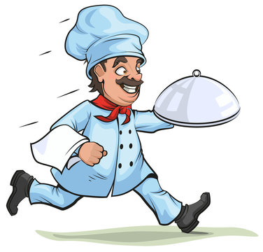 Male chef carries finished dish on platter
