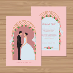 Wedding invitation with bride and groom on the background of a wedding arch. Vector illustration.