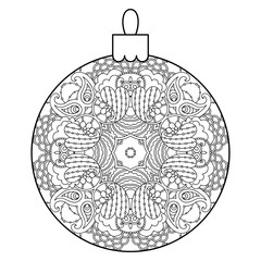 Black and white decorative Christmas ball. Vector template for decorating new year greeting cards, coloring books, art therapy, antistress,  t-shirts.