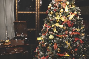 Vintage interior with christmas tree