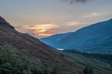 Beautiful sunset at Loch leven in Scotland, Great Brittain