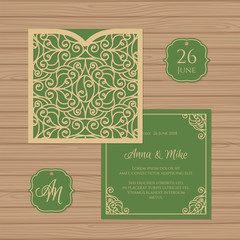 Wedding invitation or greeting card with vintage ornament. Paper lace square envelope template. Wedding invitation envelope mock-up for laser cutting. Vector illustration.