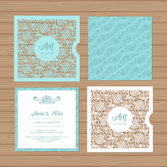 Wedding invitation or greeting card with flower ornament. Cut laser square envelope template. Wedding invitation envelope for laser cutting. Vector illustration.