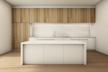 Minimalist dining kitchen wood white tone - 3D render