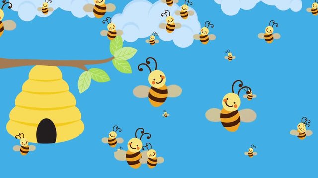 Cartoon Bee Flying Down to her Bee Hive on a Beautiful Day