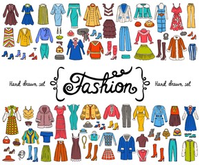 Vector set with hand drawn colored doodles on the theme of fashion on white color