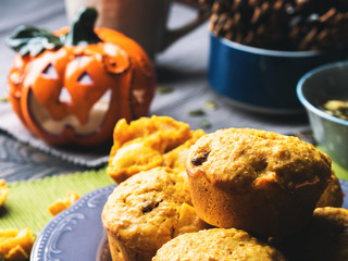 Pumpkin whole grain muffins. Toned image