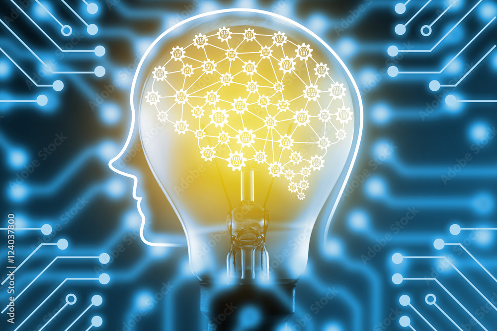 Poster machine learning and artificial intelligence concept. brain connect learning on light bulb. gear bra