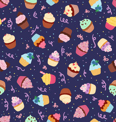 Cupcakes seamless pattern on deep blue background