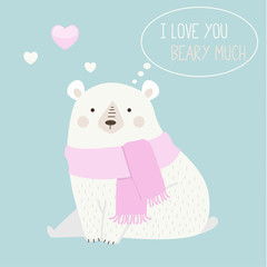 Vector illustration of a cute polar bear with a heart is saying "I love you beary much". 