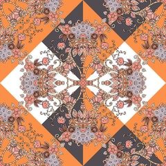 Seamless ethnic pattern in orange, brown, white, black and grey colors with hearts and flowers. Patchwork. Vector illustration. Bandana print.