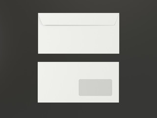 Isolated white postal envelope for letters with window and clean blank copy space for text, advertising or design. Blank corporate identity package business card with gray background. 3d illustration