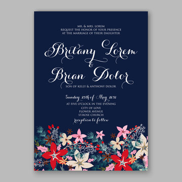 Merry Christmas party invitation with winter wreath. Pine, poinsettia