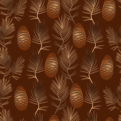 Vector xmas seamless pattern with  golden pine cone and branch.