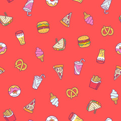 Fast food seamless pattern on red background