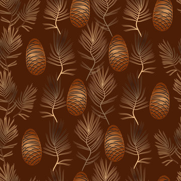 Vector xmas seamless pattern with golden pine cone and branch. © veye