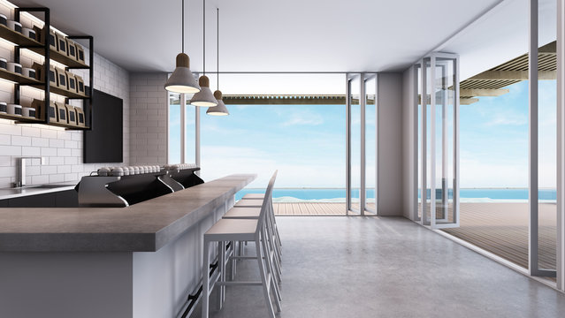 Coffee Shop Loft & Modern take sea view - 3D render
