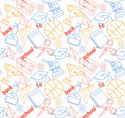 School seamless pattern. Back to school illustration on notebook paper background. High school objects college items in flat style.