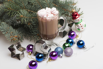 Cacao or chocolate with marshmallows and chrismas decoration