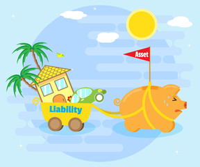Business concept - asset or liability. Pig piggy bank - the asset - is pulling the cart in which lies the house, cars, palm trees - a liability. Cartoon, flat style