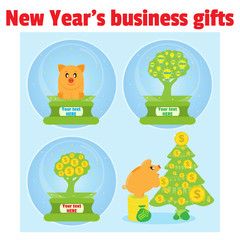 New year business gifts. Piggy bank, money tree and tree with ideas in Christmas snow globe. Successful investments bring wealth that allows you to make gifts. Piggy bank decorate coins Christmas tree
