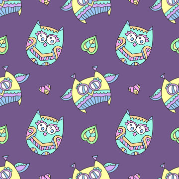 vector seamless pattern of cute ornamental owls, texture for fabric or paper print, souvenirs or babys products