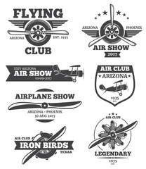 Vector aviation badges, avia club emblems, airplane logos set