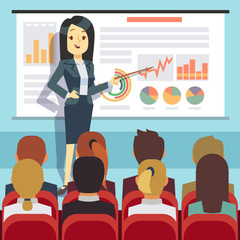 Business conference, seminar with speaker in front of audience. Motivation vector concept