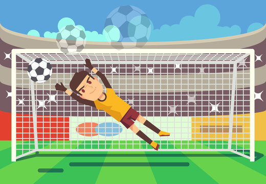 Soccer, football goalkeeper catching ball in goal vector illustration