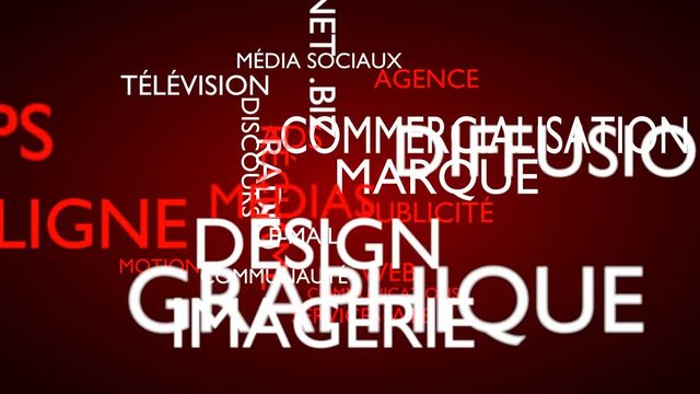Marketing, branding word tag cloud - red, French variant, 3D rendering, UHD