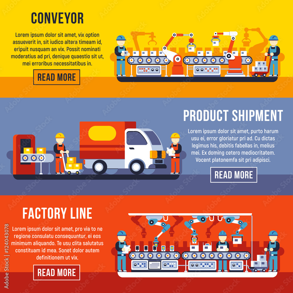 Poster automation conveyor factory line with robotic hands horizontal banners vector set
