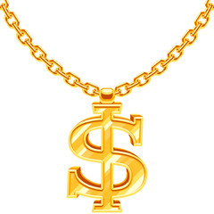 Gold dollar symbol on golden chain vector hip hop rap style necklace