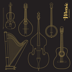 Vector string music instruments. Stylized geometric flat line illustration musical kit for icon, banner, poster, flyer design. Violin, Contrabass, mandolin, guitar, banjo and harp illustration set. 