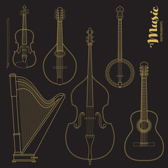 Fototapeta premium Vector string music instruments. Stylized geometric flat line illustration musical kit for icon, banner, poster, flyer design. Violin, Contrabass, mandolin, guitar, banjo and harp illustration set. 
