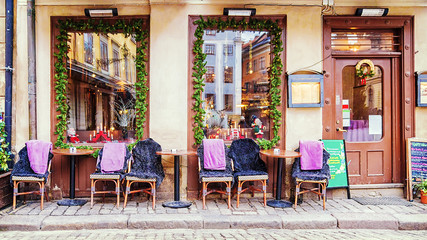 Fototapeta na wymiar Christmas decoration outdoor café in Stockholm, Sweden