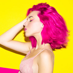 Hair Style Fashion Pink hair model. Trend colors mix