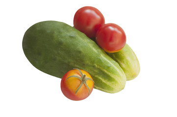 Cucumbers and tomatoes, isolated on white background
