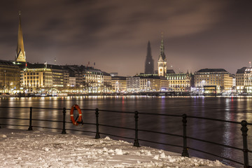 Fototapeta na wymiar Hamburg Binnenalster; View at the City at Winter Night